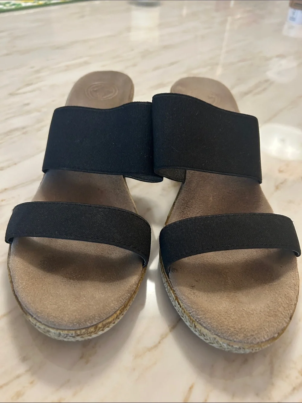 CHARLESTON SHOE CO. Black Two-Strap Espadrille Wedge Slides